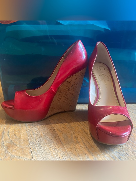 Jessica Simpson Shoes - Jessica Simpson Red Patent Peep-Toe Cork Wedges